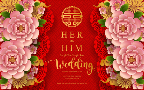 Chinese styles red wedding card template vector 05