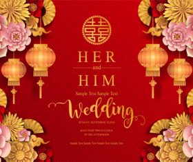 Chinese styles red wedding card template vector 06