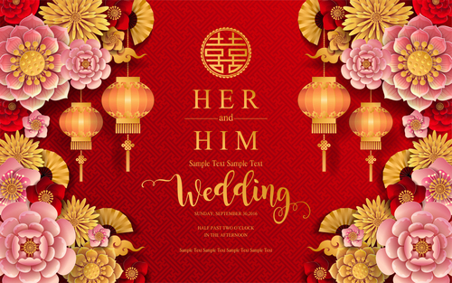 Chinese styles red wedding card template vector 06