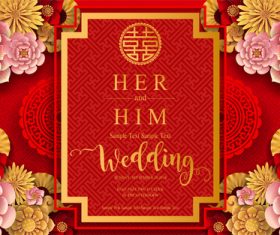 Chinese styles red wedding card template vector 07
