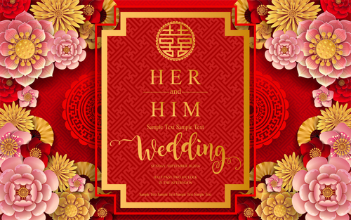 Chinese styles red wedding card template vector 07