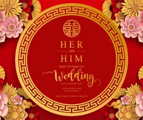 Chinese styles red wedding card template vector 08