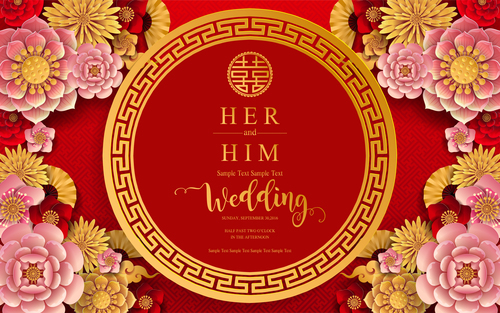 Chinese styles red wedding card template vector 08