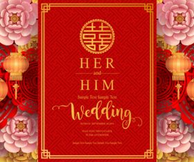 Chinese styles red wedding card template vector 09