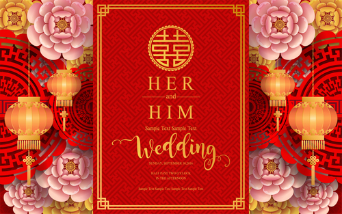 Chinese styles red wedding card template vector 09