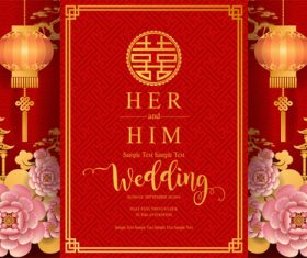 Chinese styles red wedding card template vector 10