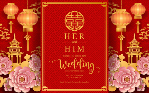 Chinese styles red wedding card template vector 10