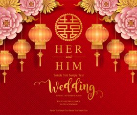 Chinese styles red wedding card template vector 11