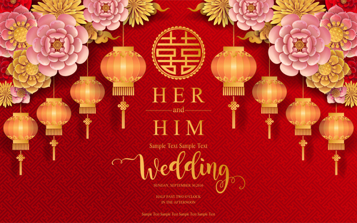 Chinese styles red wedding card template vector 11