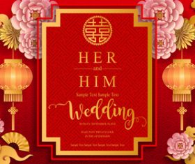 Chinese styles wedding card template red vector 01