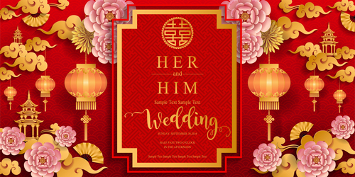 Chinese styles wedding card template red vector 01