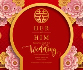Chinese styles wedding card template red vector 02