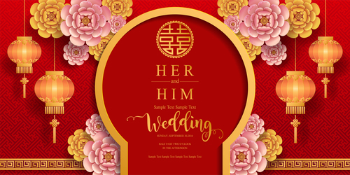 Chinese styles wedding card template red vector 02