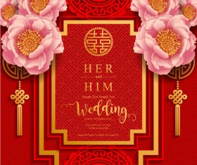 Chinese styles wedding card template red vector 03