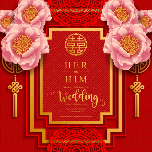 Chinese styles wedding card template red vector 03