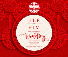 Chinese styles wedding card template red vector 04