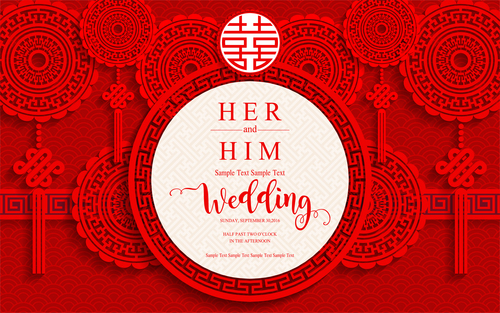 Chinese styles wedding card template red vector 04
