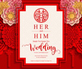 Chinese styles wedding card template red vector 05