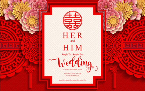 Chinese styles wedding card template red vector 05