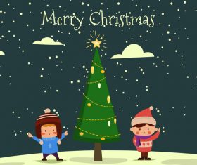 Christmas tree and two boys vector