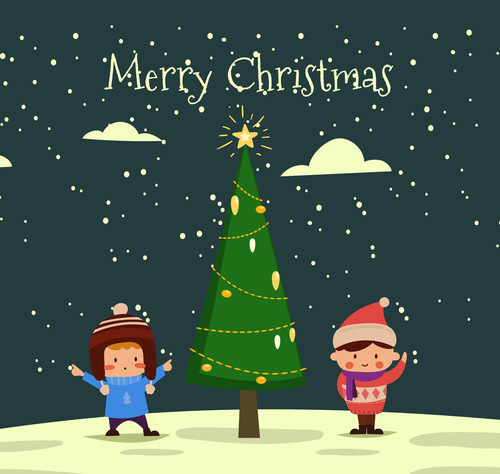 Christmas tree and two boys vector
