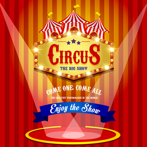 Circus poster with blue ribbon banners vector 01
