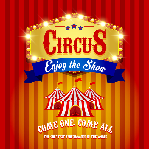 Circus poster with blue ribbon banners vector 02
