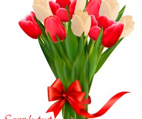 Colorful flowers and red bow and ribbons vector