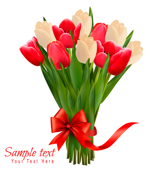 Colorful flowers and red bow and ribbons vector