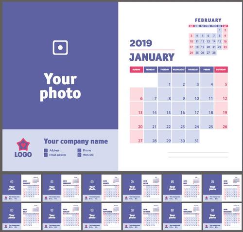 Company 2019 Desk calendar template blue styles vector