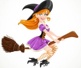 Cute redheaded witch in purple dress flying vector