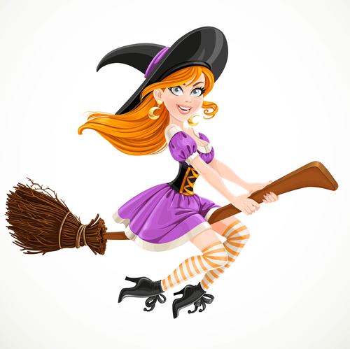 Cute redheaded witch in purple dress flying vector