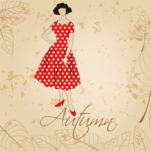 Fashion girl with autumn background vector 03