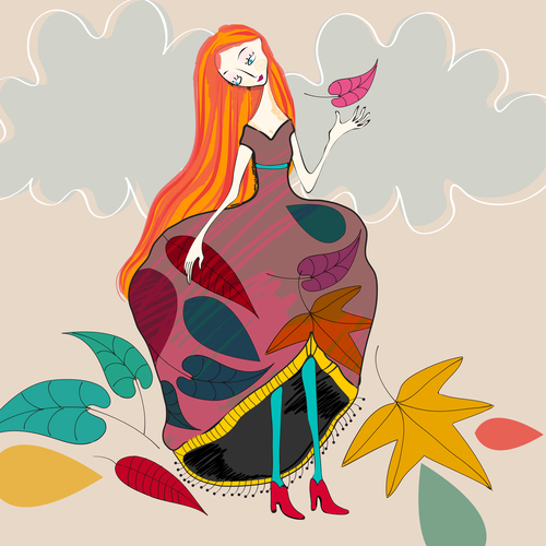 Fashion girl with autumn background vector 04