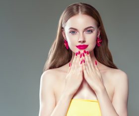 Fashionable bright makeup girl wearing flower earrings Stock Photo 03