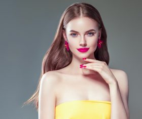 Fashionable bright makeup girl wearing flower earrings Stock Photo 04