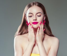 Fashionable bright makeup girl wearing flower earrings Stock Photo 05