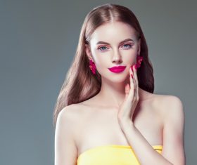 Fashionable bright makeup girl wearing flower earrings Stock Photo 06