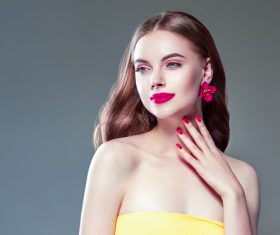 Fashionable bright makeup girl wearing flower earrings Stock Photo 07