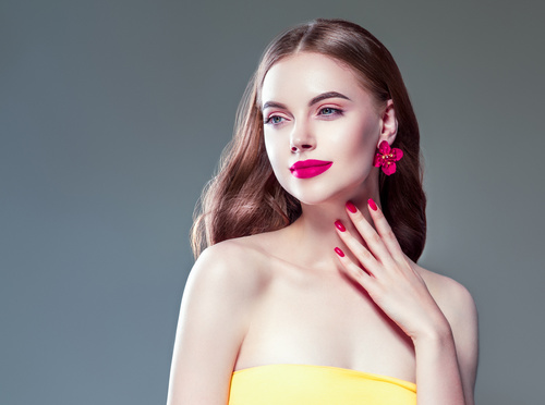 Fashionable bright makeup girl wearing flower earrings Stock Photo 07