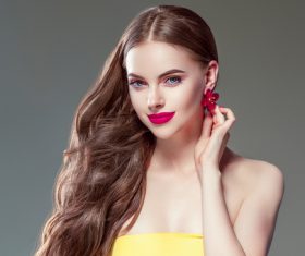 Fashionable bright makeup girl wearing flower earrings Stock Photo 08
