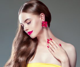 Fashionable bright makeup girl wearing flower earrings Stock Photo 09