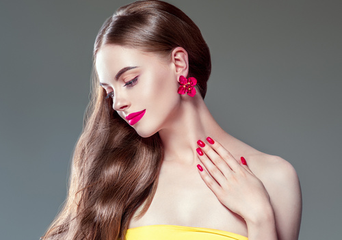 Fashionable bright makeup girl wearing flower earrings Stock Photo 09