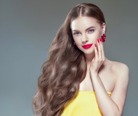 Fashionable bright makeup girl wearing flower earrings Stock Photo 11