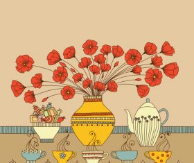 Floral tea cup with red flower vector