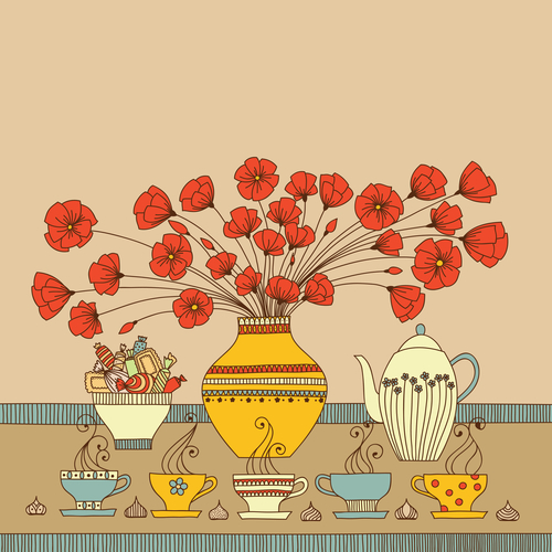 Floral tea cup with red flower vector