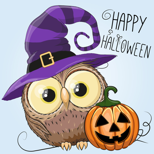 Funny owls and pumpkins halloween card vector 01