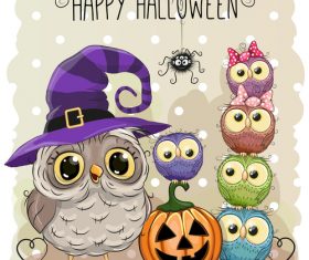 Funny owls and pumpkins halloween card vector 02