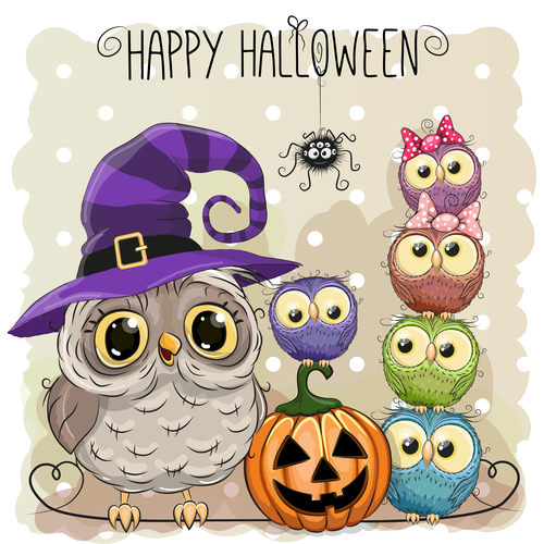 Funny owls and pumpkins halloween card vector 02