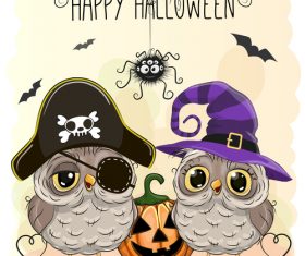 Funny owls and pumpkins halloween card vector 03